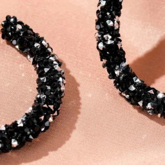 NEW Gold Black & Gray Sequin Hoop Earrings - Picture 4 of 4